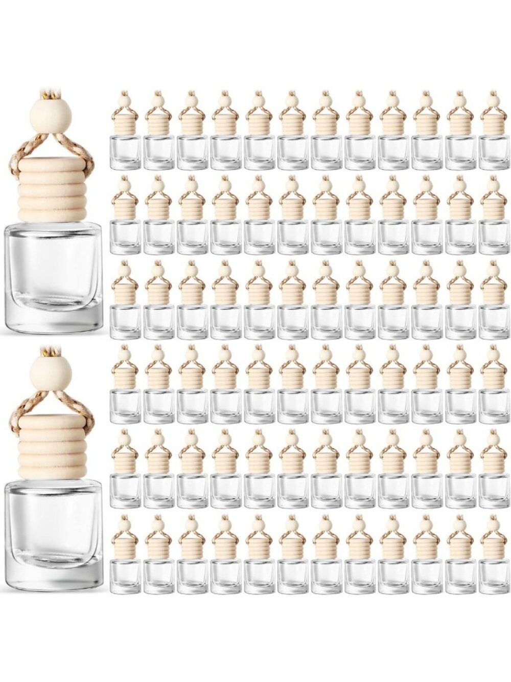 100 Pcs Clear Car Diffuser Bottles with Wood Caps - Bulk Essential Oil Vials